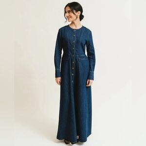 Elaa the Label Blue Dark Denim Button-Front Aliyah Long Sleeve Maxi Dress